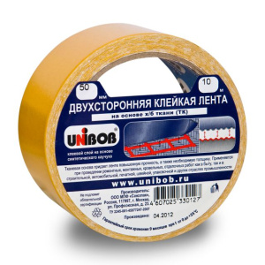 Клейкая лента двухсторонняя 25 х 25м тканевая основа  /72шт*кор/  UNIBOB К01464 АКЦИЯ