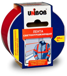 Лента клейкая светоотражающая  48 х 5м красно-белая   /24шт*кор/ UNIBOB К48984